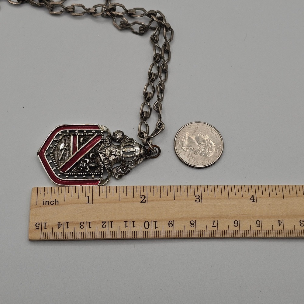 Medieval Style Crest Shield Pendant Necklace Heraldic Silver Tone Red Crown - Picture 4 of 10